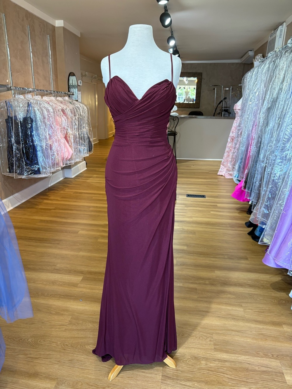 Elegant Burgundy Spaghetti-Strap Evening Gown